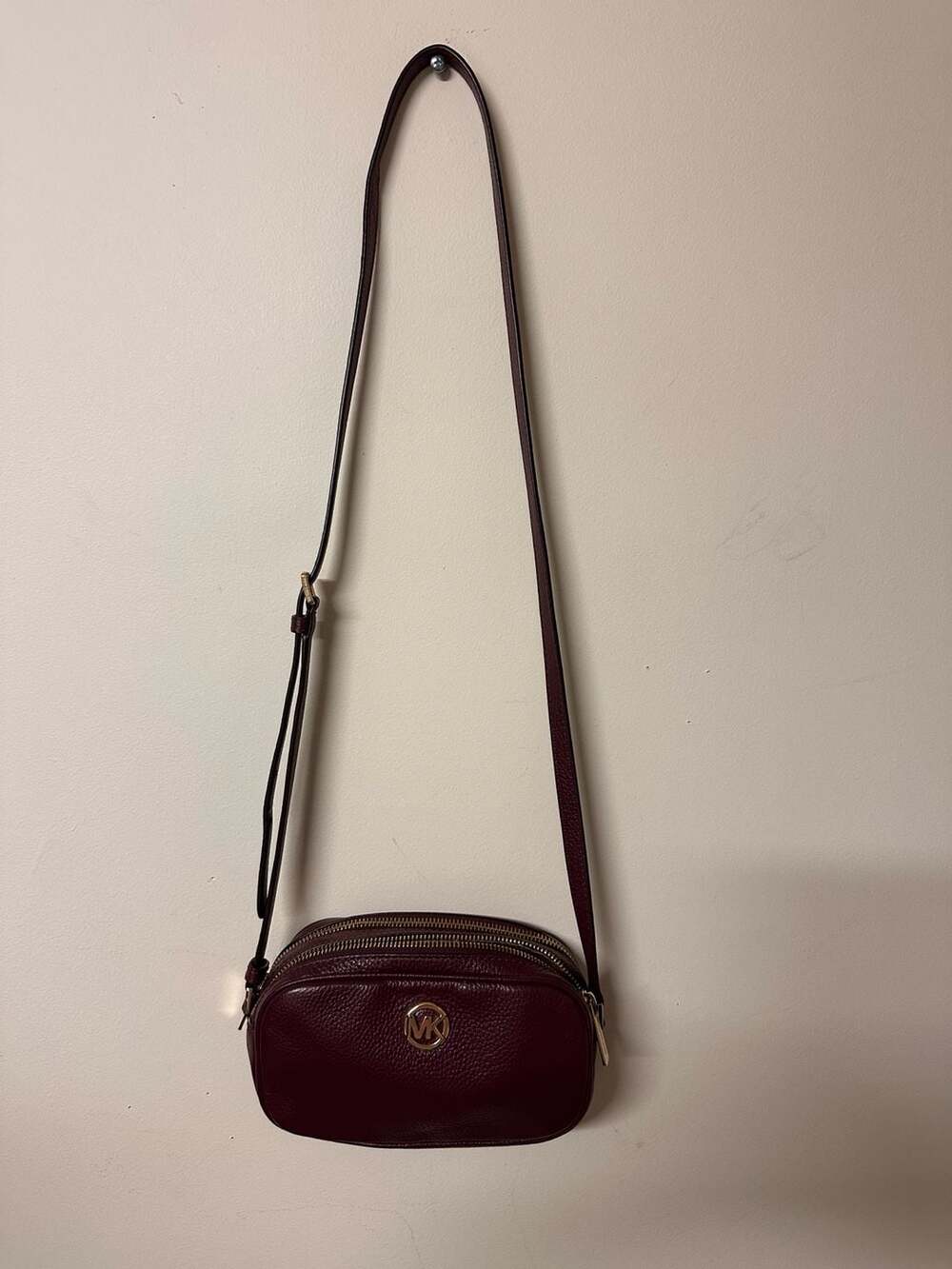 Michael Kors Fulton Double Zipper Crossbody Burgundy Pebble Leather Bag